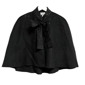 Prabal Gurung Cape Womens One Size Black Wool Sequin Bow Collar Party Coat